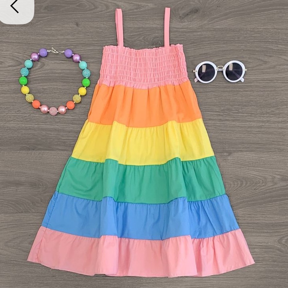 🌈Girls Rainbow Maxi Dress 4XL (12–14) Boho Stripe Cami Ruffle Hem🌈
